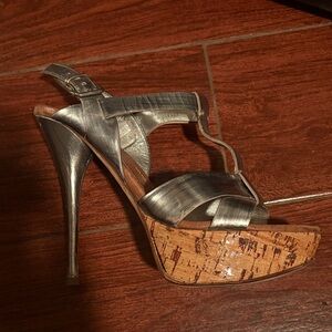 Miu Miu Silver Strappy Heels with Cork Platform